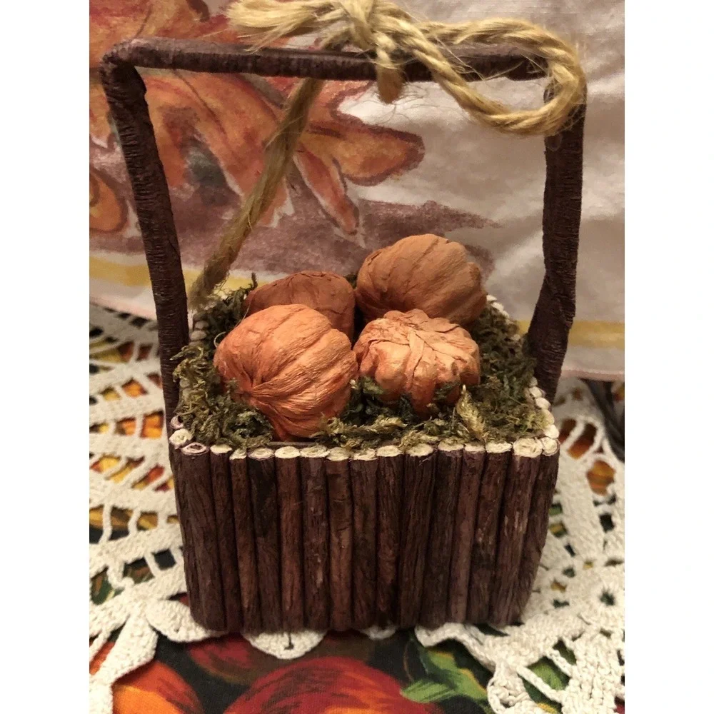 Pier 1 Imports Fall Decor Paper Mache Pumpkins Wood Stick Basket 4